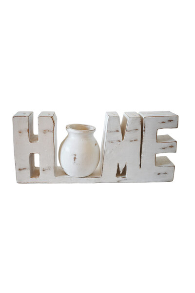 Virago Home Décor Beyaz Ahşap Rustik 'Home' Vazo Dekoratif Obje