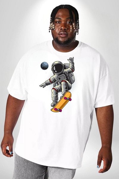 Angemiel تي شيرت Atronot Skateboard Space Mars - مقاس كبير أبيض للرجال