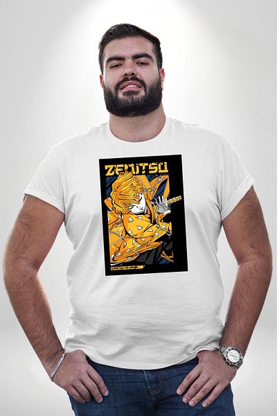 Angemiel تي شيرت Zenitsu Agatsuma أبيض كبير الحجم بنمط الرسوم المتحركة - للرجال والنساء للجنسين