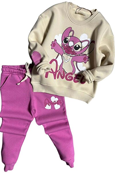 Riccotarz Girl's Pink Tracksuit Set with Stitch Character and Angel Text Printed