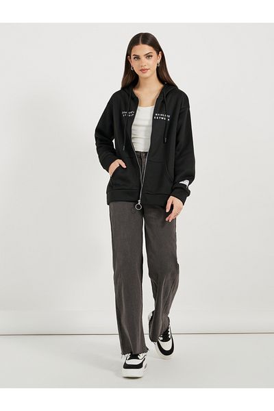 Styli Slogan Print Zip Up Hooded Sweatshirt