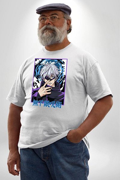 Angemiel Jujutsu Vintage Washed - Megumi Gojo Anime Manga White، مقاس كبير للجنسين أساسي مطبوع من الأمام