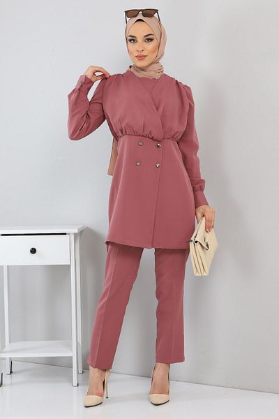 Modamihram Button Detailed Suit Dusty Rose 10743