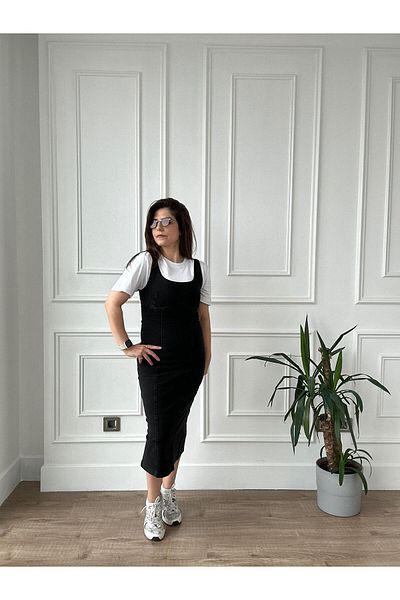 Arzu Emiroğlu Thick Strap Midi Length Black Washed Denim Dress with Back Slit