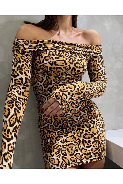Kokosh moda Μίνι γυναικείο φόρεμα λεοπάρ γιακά με μοτίβο Madonna