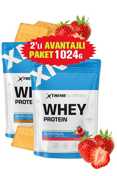 Xtreme Nutrition Whey Protein Powder -512Gx2Pcs=1024G Biscuits + Strawberries 32 Serve (5g Bcaa +4G Glutamin +2G Creatine)