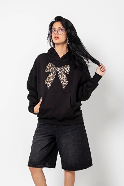 Bak Moda هودي أسود فاخر للجنسين - طباعة فيونكة ليوبارد، مقاس كبير