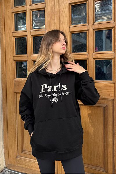Seeh Black Oversize Hooded Women's Sweatshirt Sh190