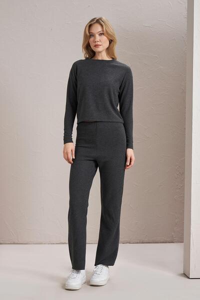 TENA Women's Black Melange Crew Neck Thessaloniki Fabric Basic Sweatshirt