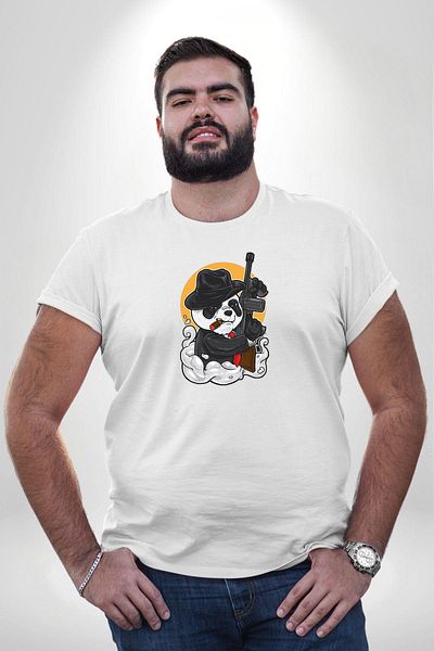 Angemiel تي شيرت أبيض كبير الحجم Gangster Panda - موديل أساسي للرجال للجنسين مطبوع من الأمام