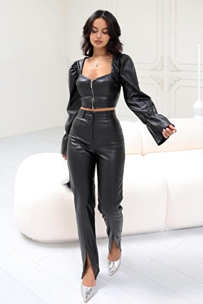 TENA Women's Black Grass Detail Leather Trousers