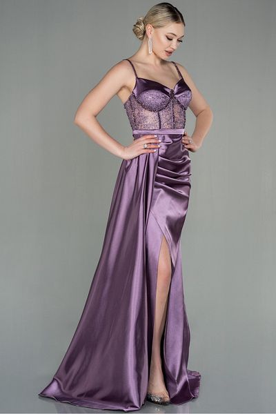 Abiyefon Rochie de seara lunga din satin lavanda cu detaliu din piatra transparenta - Abu2130