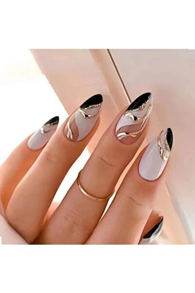 Oval Siyah Beyaz Altın Desenli Nail Art Oval Badem Kadın Takma Tırnak Protez Tırnak Set