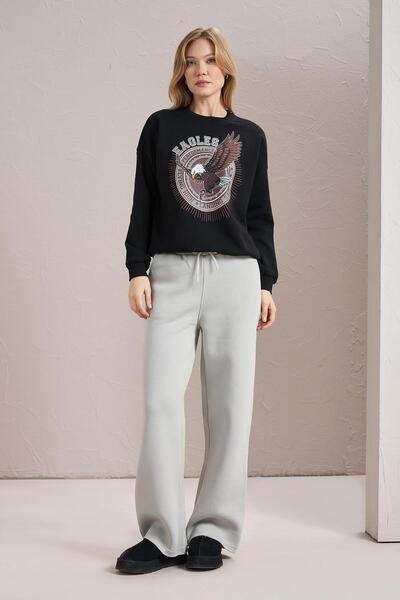 TENA Women's Black Crew Neck Eagles Printed Three Thread Basic Sweatshirt