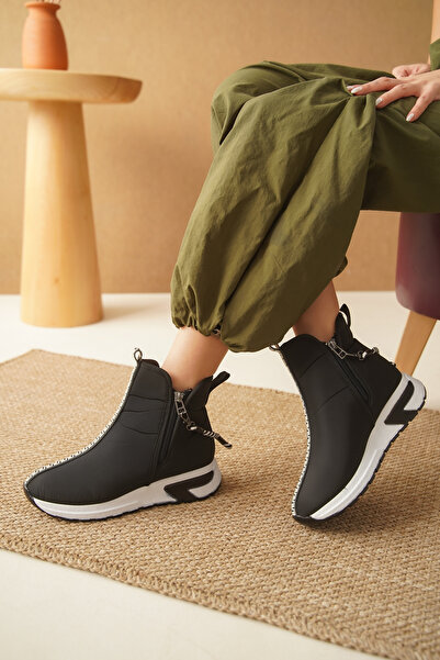 Taran Kadın Spor Bot Fermuar Detaylı Dalgıç Kumaş Kalın Tabanlı Siyah Streç Bot Jasmin