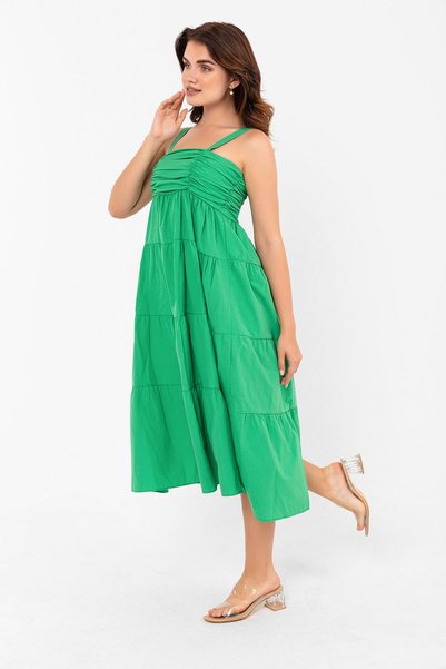 PASTELASTORE Yeşil Askılı Pamuklu Poplin Yazlık Midi Elbise 2106