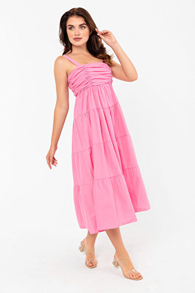 PASTELASTORE Καλοκαιρινό μίντι φόρεμα από βαμβακερό ποπλίνα με ροζ λουράκια 2106