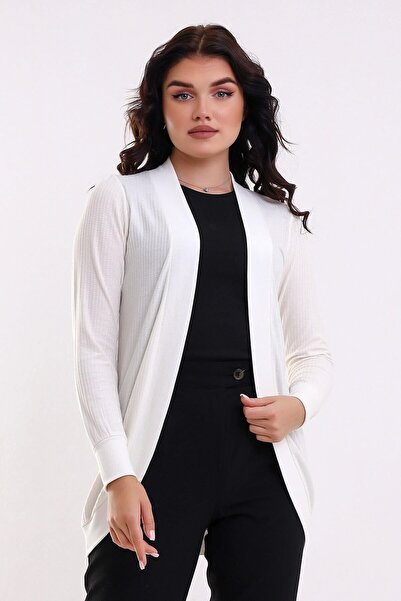 Şiir Women's Ecru Fake Long Sleeve Oval Skirt Knitted Jacquard Stretchy Combed Cotton Cardigan