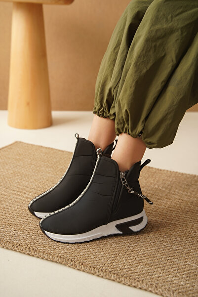 Taran Kadın Spor Bot Fermuar Detaylı Dalgıç Kumaş Kalın Tabanlı Siyah Streç Bot Jasmin