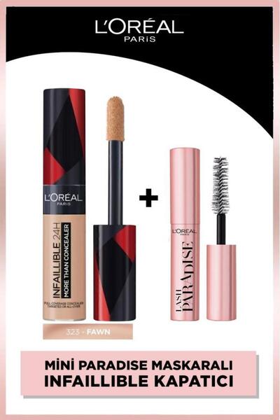 L'Oreal Paris L'Oréal Paris Infaillible 24H Tüm Yüze Uygulanabilir Kapatıcı 323 Fawn & Mini Maskaralı Makyaj Seti