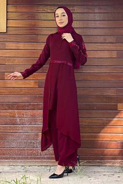 Modamihram مزيج مزدوج من الحجاب مزين بالترتر البرقوق 9561-2-38