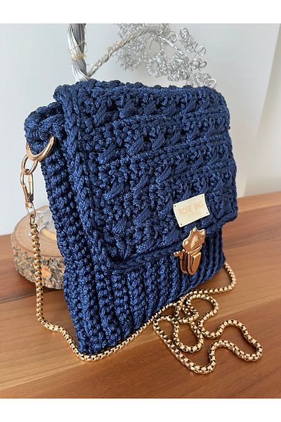 GÜLHOBİTASARIM Navy Blue Macrame Knitted Bag Chain Strap Bag