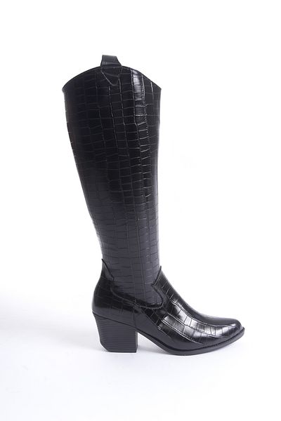 Shoesers Дамски ботуши със специален западен дизайн, заострени пръсти, дебел ток и цип, крокодилска кожа