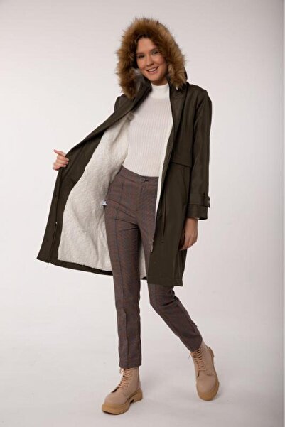 PASTELASTORE Khaki Women's Coat with Removable Hood and Fur Inside 1200