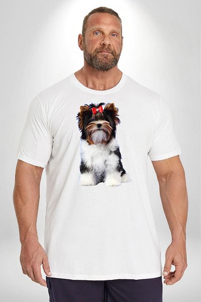Angemiel تي شيرت أبيض مطبوع عليه Yorshire Terrier - مقاس كبير، للجنسين، مطبوع من الأمام