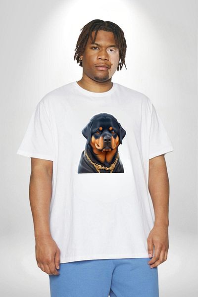 Angemiel تي شيرت أبيض مقاس كبير من Rottweiler Puppy - للرجال والنساء والجنسين، موديل أساسي مطبوع مسبقًا