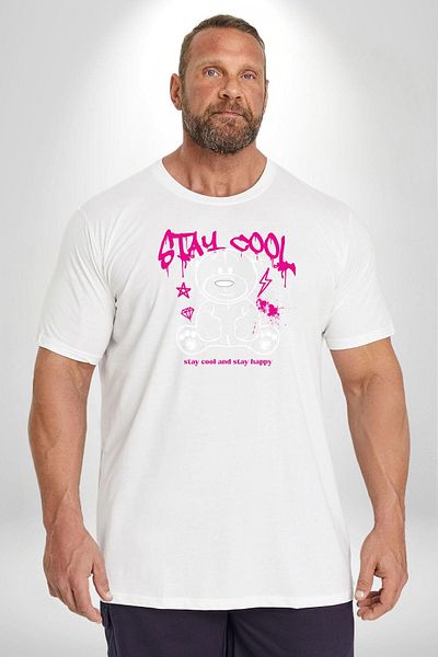 Angemiel تي شيرت أبيض كبير الحجم Stay Cool and Happy - موديل أساسي مطبوع من الأمام للجنسين