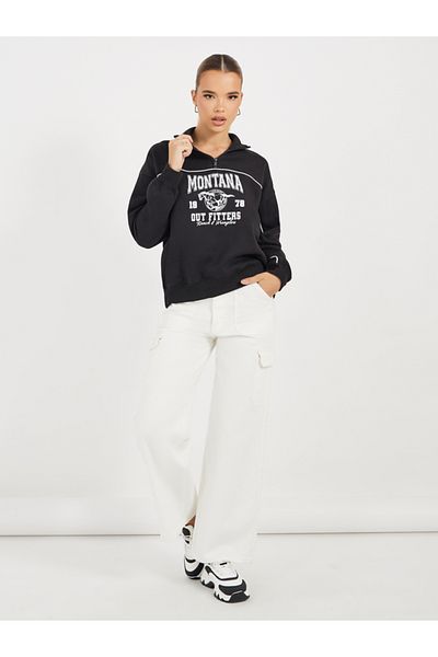 Styli Oversized Regular Length Slogan Half Zip Sweatshirt with Contrast Detailing