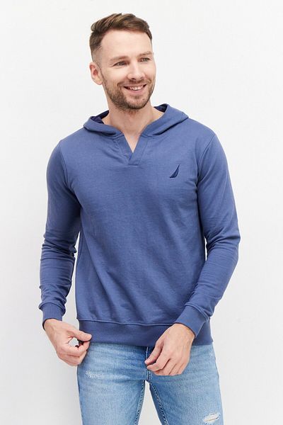 Nautica Men Hooded Long Sleeve Embroidered Logo Sweatshirt, Blue