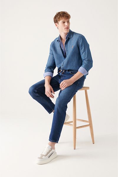 Avva Blaue Herren-Jeanshose aus 100 % Baumwolle mit Schnürung und elastischem Bund, A31y3519