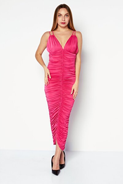 Rare London Women Ruched Detail Bodycon Dress, Dark Pink