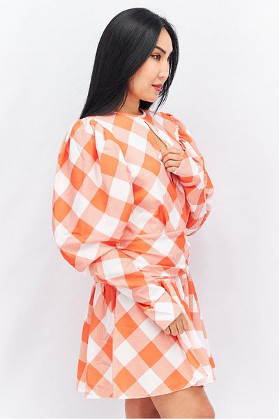 John Zack Women Gingham Print Mini Dress, Orange