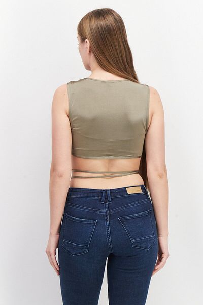 Asos Design Women Round Neck Sleeveless Plain Crop Top, Khaki Olive
