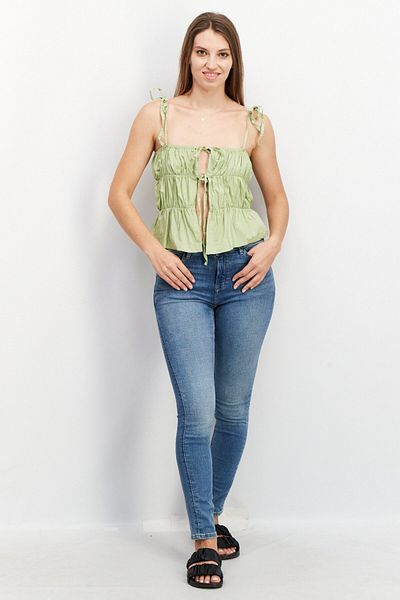 Another Reason Women Square Neck Sleeveless Ruched Top, Green