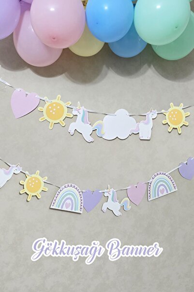 PEKSHOP Gökkuşağı Tema Banner Gökkuşağı Unicorn Temalı Doğum Günü Süsleri