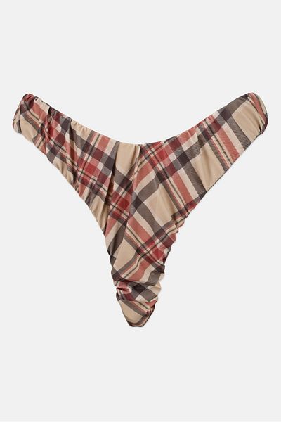 Asos Design Women Plaid Ruched Bikini Bottom, Tan Combo