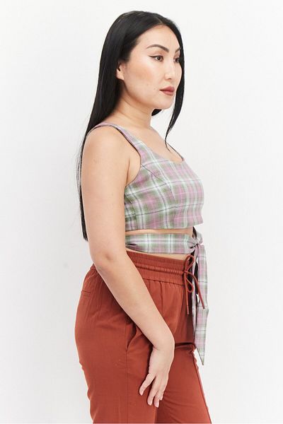 Lola May Women U-neckline Wrap Around Tie Plaid Crop Top, Purple