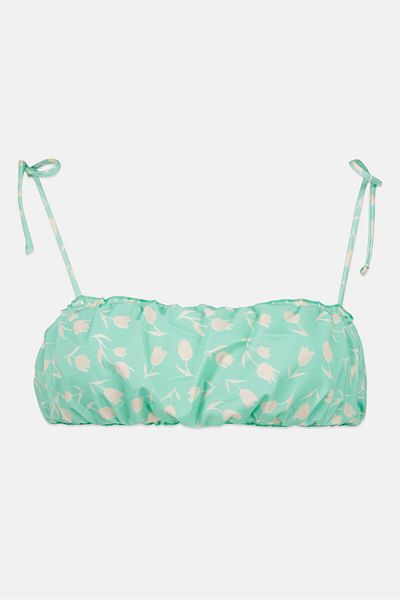 Asos Design Women Tie Shoulder Floral Print Bikini Top, Green