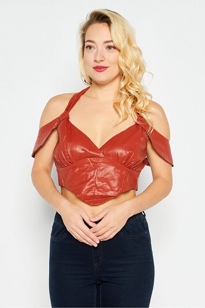Ei8th Hour Women V-neck Sleeveless Leather Look Corset Tank Top, Burnt