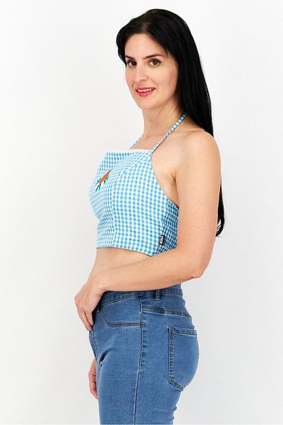 Minga London Women Halter Neck Sleeveless Gingham Pattern Tank Top, Blue Combo