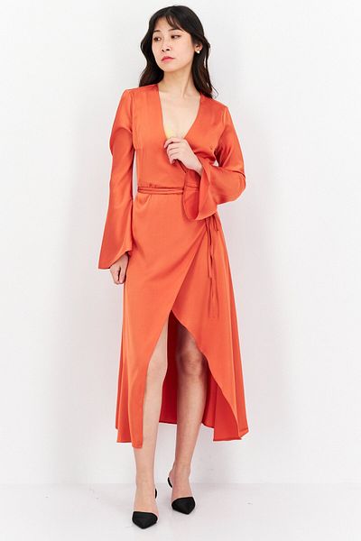 Asos Design Women Solid Satin Wrap Midi Dress, Rust