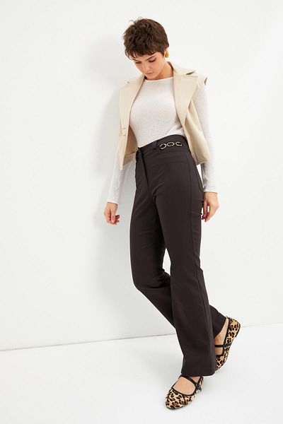 STELLA PULVIS Brown High Waist Accessory Detailed Pipe Leg Trousers