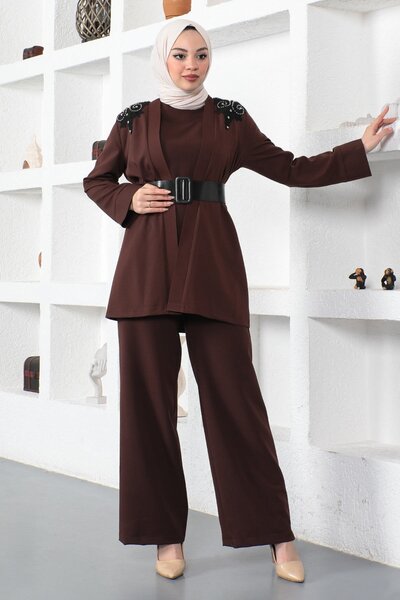 Modamihram Lace Detailed Jumpsuit Set Brown 19003