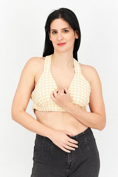 Asos Design Women Halter Neck Sleeveless Gingham Printed Bralette Top, Tan Combo