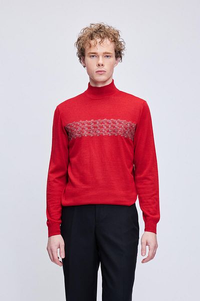 Hatemoğlu Red Regular Fit Jacquard Half Turtleneck Wool Knitwear Sweater