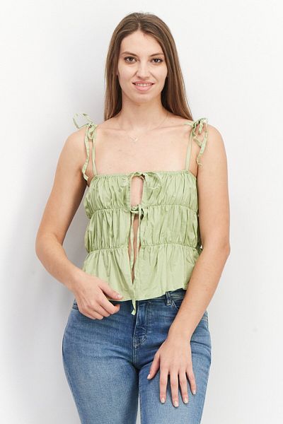 Another Reason Women Square Neck Sleeveless Ruched Top, Green